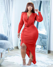 Plus Size Solid Sexy Ruched V Neck Irregular Long Dress NYF-8092