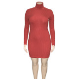 Plus Size Solid Ribbed Knit High Collar Mini Dress ONY-5110