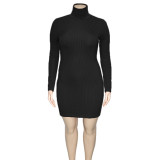 Plus Size Solid Ribbed Knit High Collar Mini Dress ONY-5110