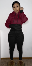 Plus Size Fleece Casual Patchwork Hoodie 2 Piece Pants Set SHA-86280