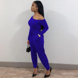 Solid Off Shoulder Long Sleeve Sashes Jumpsuit MEI-9218