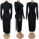 Plus Size Solid Long Sleeve High Split Maxi Dress FNN-8646