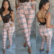 Casual Plaid Mid-Waist Pants With Belt OLYF-96082
