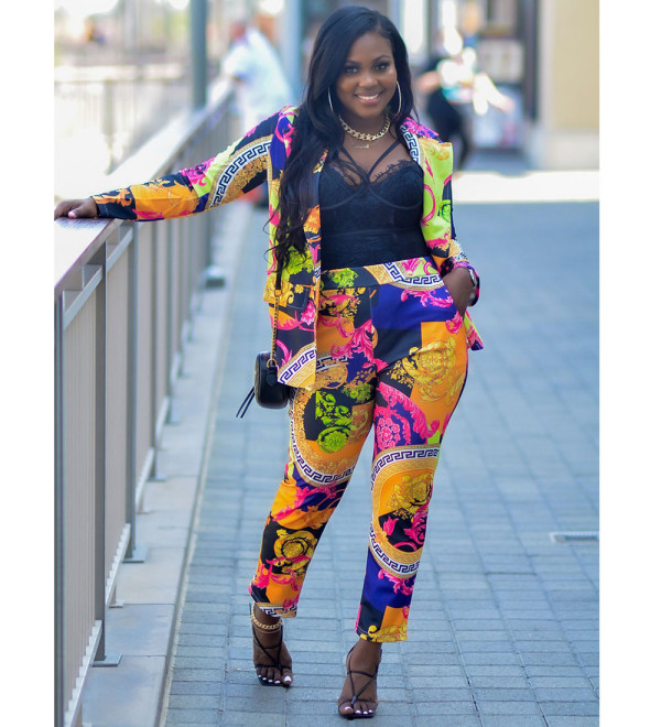 Retro Print Long Sleeve Coat And Pants 2 Piece Sets CY-6553-2