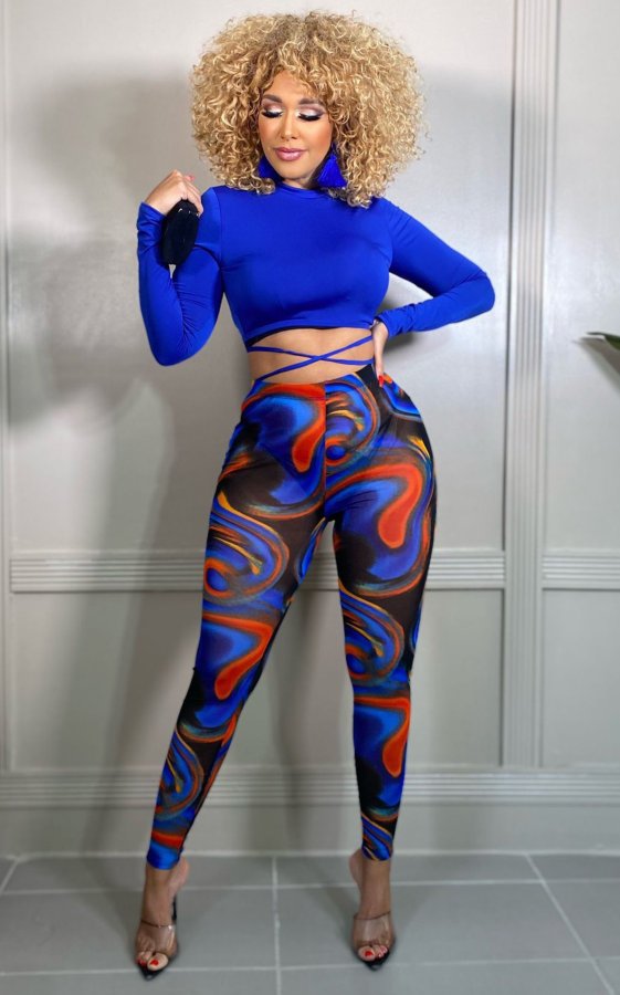 Casual Long Sleeve Bandage Top+Printed Pants 2 Piece Sets APLF-5093