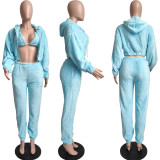 Solid Hooded Zipper Coat+Bra Top+Pants 3 Piece Sets MIL-L283