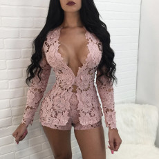 Sexy Lace Long Sleeve Top And Shorts 2 Piece Sets TE-4345
