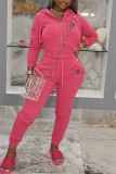 Pink Embroidery Zipper Hoodie Pants Two Piece Sets XMF-086