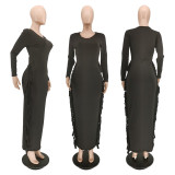 Solid Tassel Long Sleeve Slim Maxi Dress CJF-BC3046