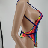 Rainbow Stripe Hollow Out Bandage One-Piece Swimsuit CJF-BC3020