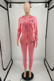 Pink Embroidery Zipper Hoodie Pants Two Piece Sets XMF-086
