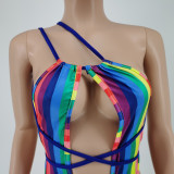 Rainbow Stripe Hollow Out Bandage One-Piece Swimsuit CJF-BC3020