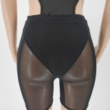 Sexy Sleeveless Hollow Bodysuit+Mesh Shorts 2 Piece Sets CJF-BC3023