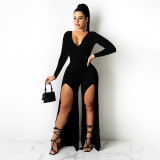 Solid V Neck Long Sleeve Split Jumpsuit CJF-BC3034