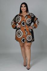 Plus Size Casual Printed Long Sleeve Shirt Dress BMF-086
