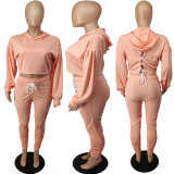 Solid Hooded Lace Up Long Sleeve 2 Piece Pants Set APLF-2025