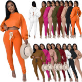 Solid Hooded Lace Up Long Sleeve 2 Piece Pants Set APLF-2025