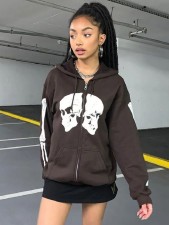 Skull Print Fleece Zipper Hoodies Coat APLF-1030