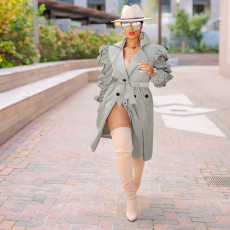 Casual Full Sleeve Ruffle Belted Long Trench Coat YIS-E527