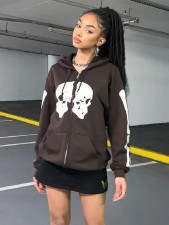 Skull Print Fleece Zipper Hoodies Coat APLF-1030