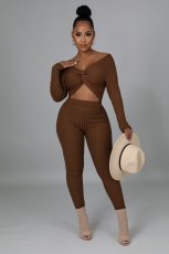 Solid Ribbed Knotted Long Sleeve 2 Piece Sets APLF-2031