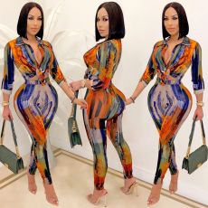 Sexy Printed Long Sleeve Two Piece Pants Set BY-5281
