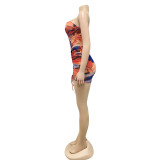 Sexy Mesh Printed Tube Top Drawstring Mini Skirt 2 Piece Sets BY-5173