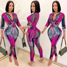 Sexy Printed Long Sleeve Two Piece Pants Set BY-5281
