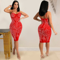 Sexy Hot Drilling Mesh Spaghetti Strap Night Club Dress BY-5380