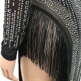 Hot Drilling Tassel Mesh Long Sleeve Maxi Skirt 2 Piece Sets BY-5372