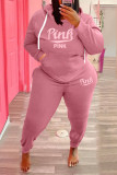 Plus Size Pink Letter Fleece Hooded 2 Piece Pants Set WAF-77360P330
