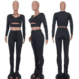 Solid Long Sleeve Hollow Top Stacked Pants 2 Piece Sets QZYD-1094