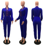 Casual Long Sleeve Drawstring Buttons Jumpsuit MAE-2130