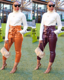 Casual Fashion PU Leather Nine-tenth Pants With Belt OLYF-6032