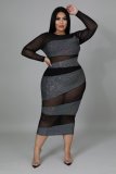 Plus Size Sexy Mesh See Through Long Sleeve Midi Dress OSM2-7009