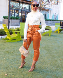 Casual Fashion PU Leather Nine-tenth Pants With Belt OLYF-6032