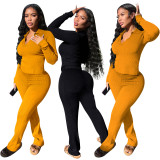 Solid Ribbed Long Sleeve Two Piece Pants Set QZYD-1100