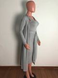 Solid Full Sleeve Long Cloak+Sashes Midi Dress 2 Piece Sets OSM-3328