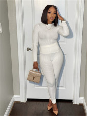 Solid Ribbed Long Sleeve Two Piece Pants Set GEYF-68535