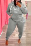 Plus Size Pink Letter Fleece Hooded 2 Piece Pants Set WAF-77360P330