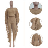 Solid Knitted Tassel Long Sleeve Sweater Pants Sets TR-1186