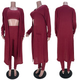 Knitted Long Cloak+Tank Top+Pants 3 Piece Sets MDF-5274