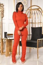Solid Turtleneck Long Sleeve Stacked Pants 2 Piece Sets OMY-80080