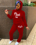 Pink Letter Print Hoodies Stacked Pants Two Piece Sets AWN-5120