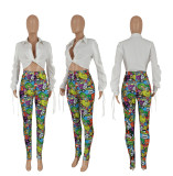 Sexy Long Sleeve Top+Printed Pants Two Piece Sets FENF-197