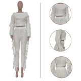 Solid Knitted Tassel Long Sleeve Sweater Pants Sets TR-1186