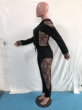 Leopard Patchwork Zipper Hoodie Two Piece Sets OMY-80069