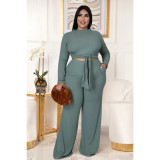 Plus Size Solid Long Sleeve Two Piece Pants Set ASL-7058