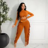 Solid Long Sleeve Tassel Pants Two Piece Sets OYF-8287