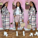 Plaid Full Sleeve Split Casual Long Coat CY-6560